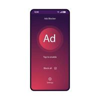 Adblock app smartphone interface vector template. Mobile utility page purple design layout. Antimalware application screen. Turn off advert plugin flat gradient UI. Tap to enable button phone display