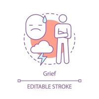 Grief concept icon. Sorrow idea thin line illustration. Depression emotion. Sad, calm worried person. Nervous tension. Anxiety problem feeling. Vector isolated outline drawing. Editable stroke