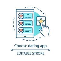 Online dating app concept icon. Smartphone application store idea thin line illustration. Mobile software distribution platform. Add to favorite. Vector isolated outline drawing. Editable stroke