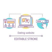 Online dating website concept icon. Find love idea thin line illustration. Romantic chatting, messaging. Internet date. Laptop with speech bubbles. Vector isolated outline drawing. Editable stroke