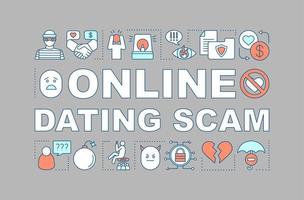 Online dating scam word concepts banner. Love cheating, fraud. Romance scammer. Broken heart. Presentation, website. Isolated lettering typography idea with linear icons. Vector outline illustration