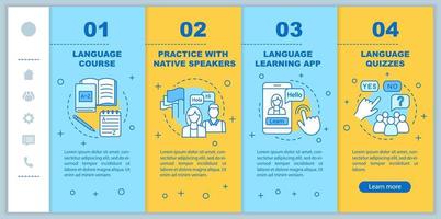 Language learning courses onboarding mobile web pages vector template. Responsive smartphone website interface. Lessons with native speaker, quizzes. Webpage walkthrough step screens. Color concept