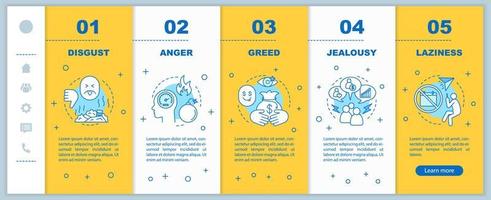 Human feelings, negative emotions onboarding mobile web pages vector template. Disgust, anger, greed, laziness. Responsive smartphone website interface. Webpage walkthrough step screens. Color concept