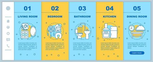 plantilla de vector de páginas web móviles de incorporación de vida doméstica. interfaz de sitio web de teléfono inteligente con capacidad de respuesta con ilustraciones lineales. Pantallas de paso del tutorial de la página web de habitaciones de apartamento o casa. concepto de color