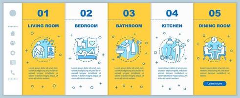 plantilla de vector de páginas web móviles de incorporación de vida doméstica. idea de interfaz de teléfono inteligente sensible con ilustraciones lineales. pantallas de paso de tutorial de la página web de residencia o habitaciones planas. concepto de color