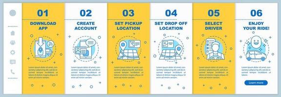 carpooling onboarding mobile web pages vector template. idea de interfaz de sitio web de teléfono inteligente sensible con ilustraciones lineales. Pantallas de pasos del tutorial de la página web del servicio de viajes compartidos. concepto de color