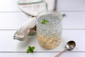 Bird's Nest Ice atau Es Sarang Burung. Indonesian specialty drink dessert. Made from shaved jelly, chia seeds and sweet syrup. photo