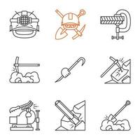 Construction tools linear icons set. Safety helmet, screw clamp, pickaxe, crowbar in hand, bench vice and wire brush, digging shovel. Thin line contour symbols. Isolated vector outline illustrations