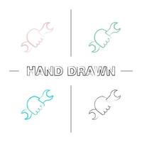 Hand holding wrench hand drawn icons set. Double open ended spanner. Color brush stroke. Isolated vector sketchy illustrations