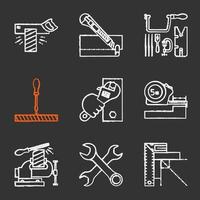 Construction tools chalk icons set. Tenon saw, stationery knife, jeweler saw set, screwdriver, wrench, meter, bench vice, crossed spanners, set square. Isolated vector chalkboard illustrations