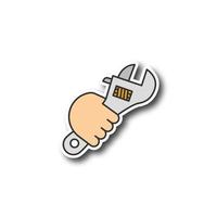 Hand holding wrench patch. Combination spanner. Color sticker. Vector isolated illustration