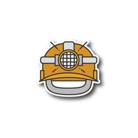 Industrial safety helmet patch. Color sticker. Miner hard hat with light. Vector isolated illustration