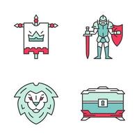 Medieval color icons set. King flag, lion head shield, treasure chest, knight in full suit of armor with sword and shield. Isolated vector illustrations