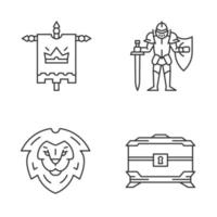 Meddieval linear icons set. King flag, lion head, treasure chest, knight in full suit of armor with sword and shield. Thin line contour symbols. Isolated vector outline illustrations. Editable stroke