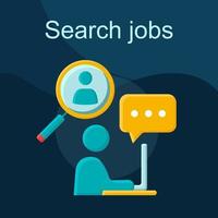 Search jobs flat concept vector icon. Work finding idea cartoon color illustrations set. HR management. Headhunting, hiring. Recruitment, employment. Job application. Isolated graphic design element