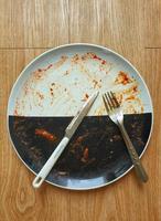 Top view of dirty black and white dish, fork, and knife on wooden table. Leave over sauce smeared on a plate. For use in soap, detergent, liquid, sponge, cloth, washing machine advertising. photo