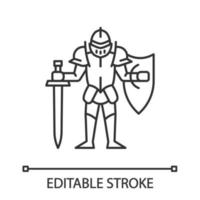 Medieval knight with shield and sword linear icon. Warrior in full suit of armor. Chivalry. Lord. Thin line illustration. Contour symbol. Vector isolated outline drawing. Editable stroke