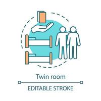 Twin room concept icon. Two person hotel suite. Lodging booking. Room with single beds. Hostel, apartment accommodation idea thin line illustration. Vector isolated outline drawing. Editable stroke