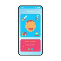Baby diary smartphone interface vector template. Mobile app page blue design layout. Childs development, activities journal. Events manager, reminder screen. Flat UI for application. Phone display