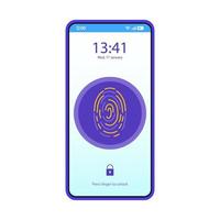 Fingerprint recognition lock app smartphone interface vector template. Mobile page blue design layout. Finger scan screen. Flat UI for application. Biometric security verification. Phone display