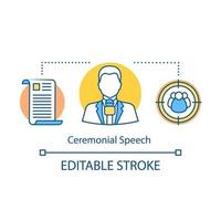 Ceremonial speech concept icon. Presenter, TV host. Public speaking idea thin line illustration. Presentation skills. Orator, speaker with microphone. Vector isolated outline drawing. Editable stroke