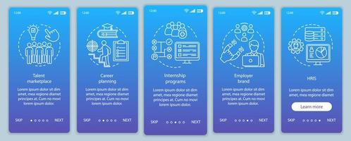 Talent management onboarding mobile app page screen vector template. HRIS. Marketplace, internship program. Walkthrough website steps, linear illustrations. UX, UI, GUI smartphone interface concept