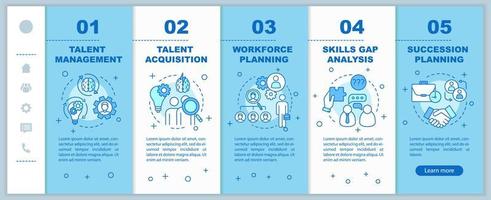 Talent management onboarding mobile web pages vector template. Talent acquisition. Responsive smartphone website interface idea, linear illustrations. Webpage walkthrough step screens. Color concept