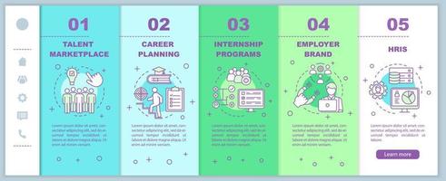 Talent management onboarding mobile web page vector template. Internship, marketplace. Responsive smartphone website interface idea, linear illustration. Webpage walkthrough step screen. Color concept