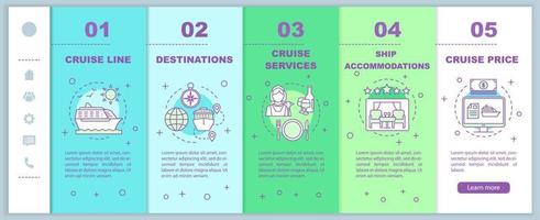 Cruise information onboarding mobile web pages vector template. Cruise line, destinations, services. Responsive smartphone website interface idea. Webpage walkthrough step screens. Color concept