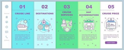 información de crucero incorporando plantilla vectorial de páginas web móviles. línea de cruceros, destinos, servicios. idea de interfaz de sitio web de teléfono inteligente sensible. pantallas de pasos del tutorial de la página web. concepto de color vector
