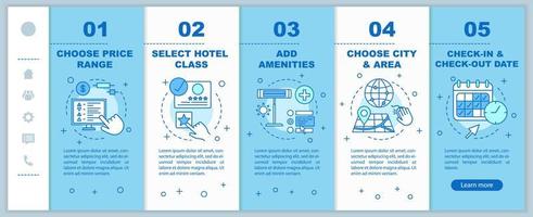 Hotel room booking onboarding mobile web pages vector template. Choosing apartment. Hostel reservation. Responsive smartphone website interface idea. Webpage walkthrough step screens. Color concept