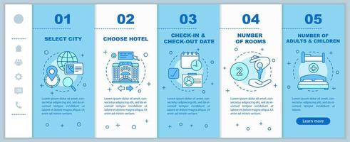 Trip planning onboarding mobile web pages vector template. Hotel booking. Apartment reservation. Responsive smartphone website interface idea. Webpage walkthrough step screens. Color concept