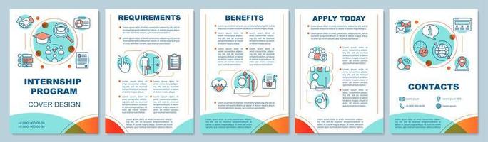 Internship program brochure template layout. Requirements, benefits of students practice. Flyer, leaflet print design, linear illustrations. Vector page layouts for annual reports, advertising posters