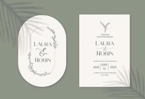 plantilla de conjunto de tarjeta de invitación de boda vintage con hojas y ramitas. forma ovalada y arco elegante. vector