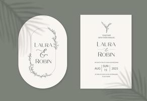 plantilla de conjunto de tarjeta de invitación de boda vintage con hojas y ramitas. Forma elegante de doble arco. vector