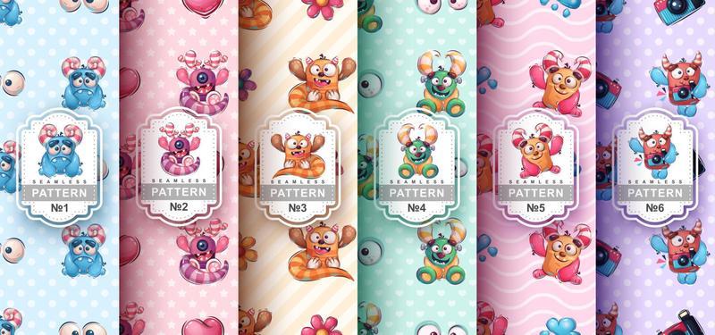 Set childish cartoon character monster seamless pattern