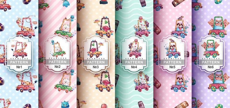 Set childish cartoon character animal in car seamless pattern