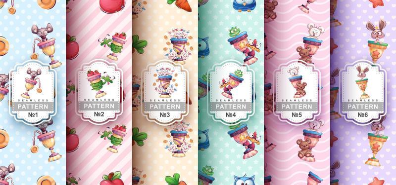 Set childish cartoon character animal in cup champion seamless pattern