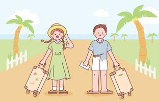 estilo de vacaciones de verano hombre y mujer con soporte de equipaje en el fondo del mar. vector