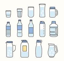 Various water bottles and cups for holding water. flat design style vector illustration.