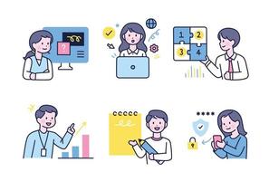 People who deal with various data information. Cute business characters. vector