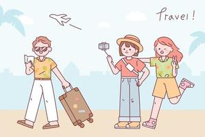 personas que van a un viaje de vacaciones de verano. un personaje con una linda cara redonda. vector