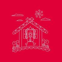 Linear drawing of a house with a female character in traditional Russian style. A woman in a historical Russian dress sits near the window on a bench. Vector minimalistic illustration