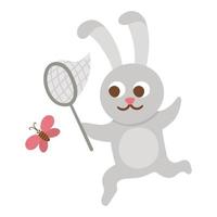 Vector hare catching a butterfly with a net. Funny woodland animal. Cute forest illustration for kids isolated on white background. Playful rabbit icon