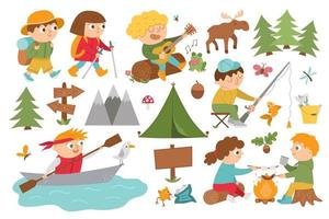 Vector cute children doing summer camp activities. Kids hiking, fishing, rafting, eating marshmallow and sausage by the fire and playing the guitar. Outdoor tourists, nature and animals icons set.