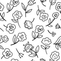 patrón transparente floral blanco y negro vectorial. línea dibujada a mano ilustración de moda simple con flores y hojas. fondo repetitivo bohemio con plantas. papel digital boho o página para colorear vector