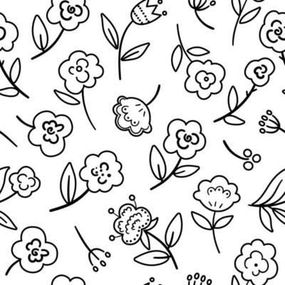 Vector black and white floral seamless pattern. Hand drawn line simple trendy illustration with flowers and leaves. Bohemian repeating background with plants. Boho digital paper or coloring page