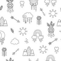 Vector black and white boho ornament. Bohemian line seamless pattern with stars, sun, mountains, dreamcatcher and clouds. Wild and free repeating background. Ethnic native digital paper