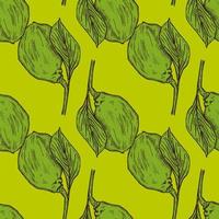 Seamless pattern engraved lemon on branch with leaves. Vintage background lime growing on twig in hand drawn style. vector