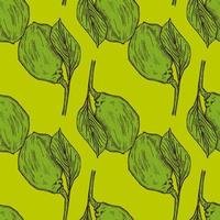 Seamless pattern engraved lemon on branch with leaves. Vintage background lime growing on twig in hand drawn style. vector